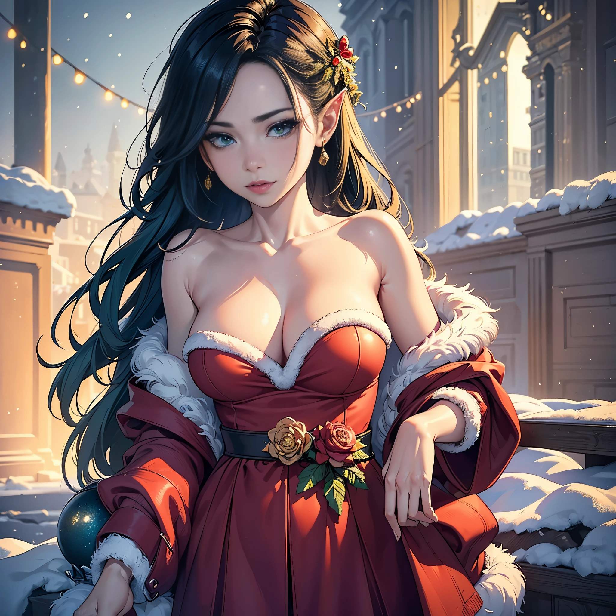 ((Quality: masterpiece, best quality, UHD, anatomically correct, photo realism, textured and detailed skin, skin pores, skin imperfections, textured and detailed hair, volumetric lighting)), whimsical and creative artist woman with a palette of vibrant colors, inspired by a festive christmas at the north pole, snow, , elf helper, santa, white, red, gold, green