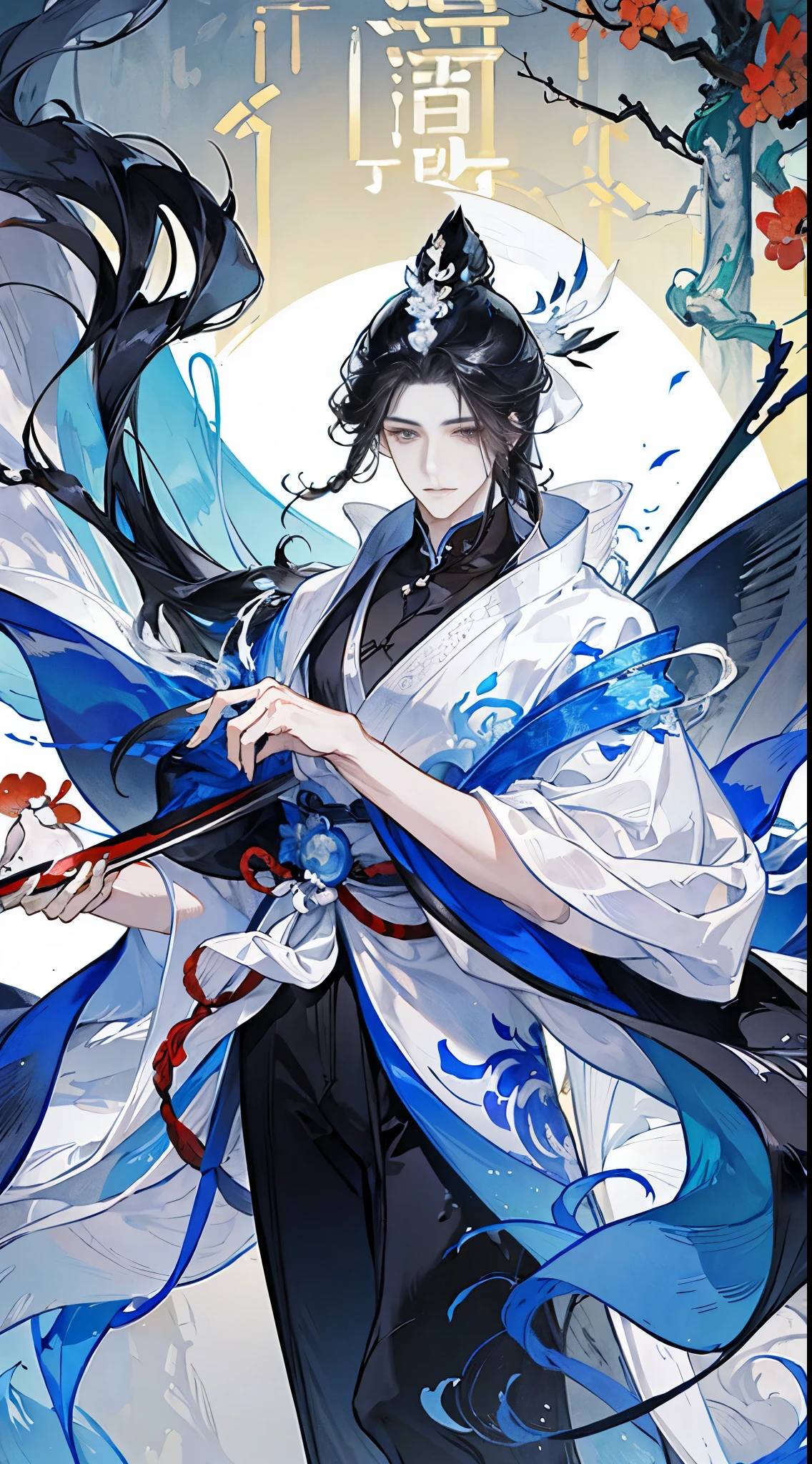 Black hair and white horse anime character, flowing hair and long robes, heise jinyao, beautiful male god of death, handsome guy in demon killer art, onmyoji portrait, Inspired by Seki Do-sang, author：Hero, zhao yun, Beautiful hermaphroditic prince, Inspired by Bian Shoumin, A flowing white robe