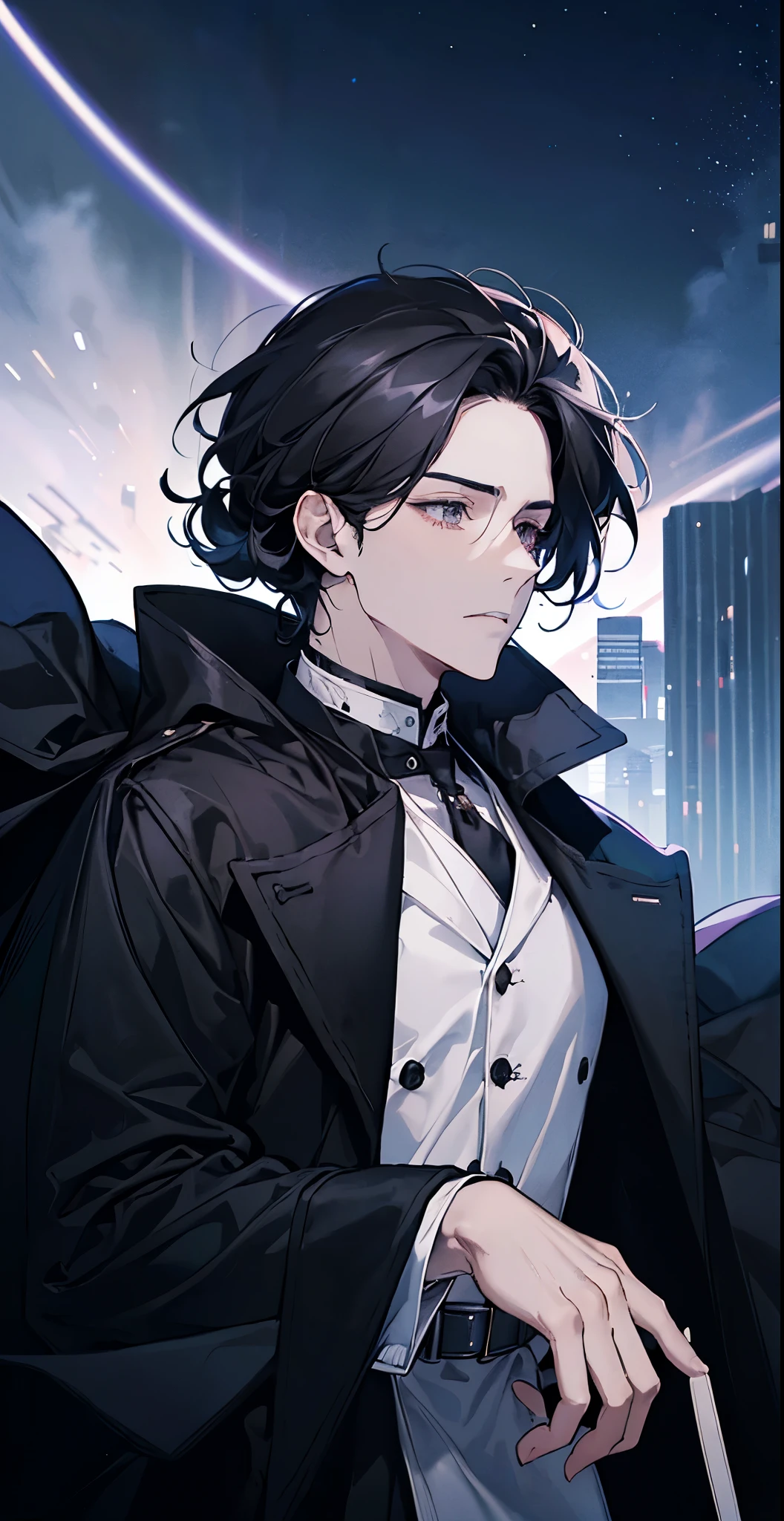 A man wearing a long black coat, oversized sleeves, Over the shoulder pose, Baker boy hat, cabelos preto e longos, man in his 20s, Cool, Black shoulder bag, ventania, serious expressionackdrop, Looking Up The Sky, standing still, during night, beautifully soft lit, starrysky