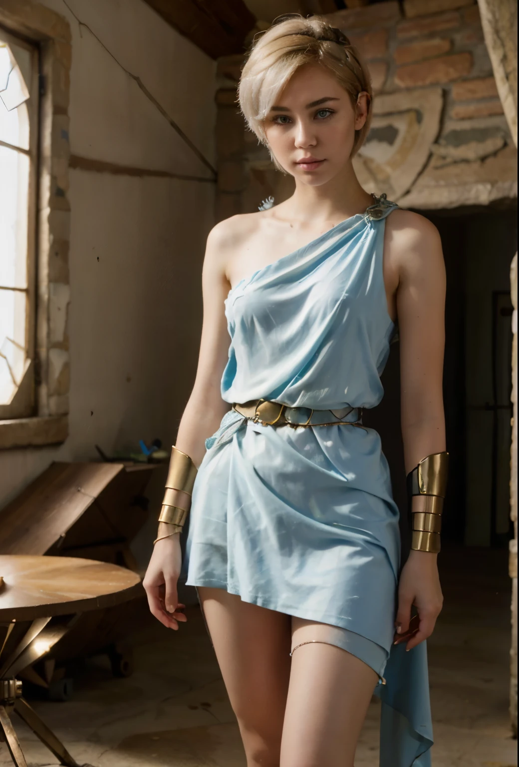 A Futuristic 8k, High-definition image, a full-body length view (head-to-toe) of an attractive woman (25 years old) modeled after Miley Cyrus, with a short straight cut Blonde color Hair, Fairly athletic build, beautiful face, with natural makeup around striking Silver colored eyes, wearing a futuristic version of an Ancient Greek style short cut tunic made of fine silk, Tunic is waist long in length, revealing, Tunic is a light blue color with a red trim, the tunic is fitted and short cut for sleeping, She is relaxing in her quarters a futuristic high tech sci-fi furnished room with no windows, she is reading an old fashion leather-bound book