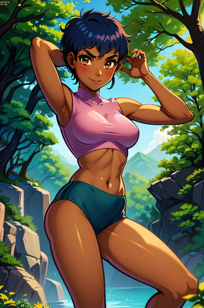 1 girl, solo, beautiful, medium breast, ((hot)), attractive, look at viewer, TARANEE, (short hair), dark blue hair, light brown eyes, dark skin, jungle, trees, rocks, plants, outside, blush, slight smile, 25 years old, tight crop top, breezy loincloth, ((sexy)), submissive, coy, sexy pose