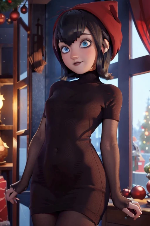 Estilo Mavis, desnuda, pelo corto, ojos azules,, in a room with Christmas details and decorations, y gorrito rojo