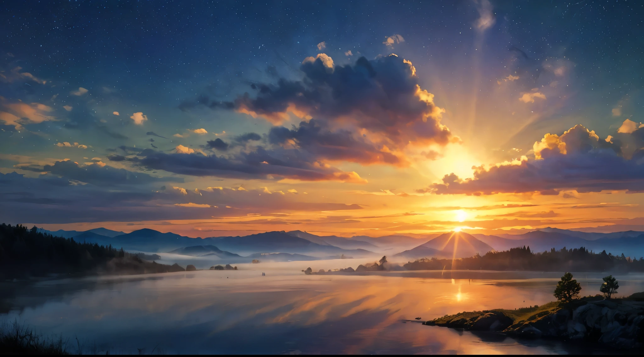 (best quality, 8k, highres, masterpiece:1.2), gentle, breathtaking sunrise, landscape, ethereal atmosphere, warm color palette, delicate dewdrops glistening, dispersion of sun rays, soft morning glow, tranquil scenery, serene natural beauty, misty horizon, vibrant hues, subtle gradients, dreamlike realism, intricate details, realistic lighting, immersive depth, picturesque view, perfectly captured moment, artistic brushstrokes, peaceful ambiance, captivating stillness, sun-kissed tranquility, golden hour magic.