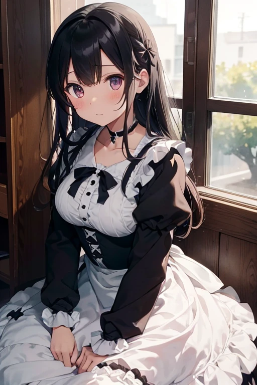 frilly dress,maid clothes,maid apronl,long skirt,black and long hair,たくさんのフリルのmaid clothes,frontage,Sailor collar,No exposure,Ruffled Maid Dresses,Wide sleeves,Mass frills,embarrassed from,Skirt Fold,undergarment