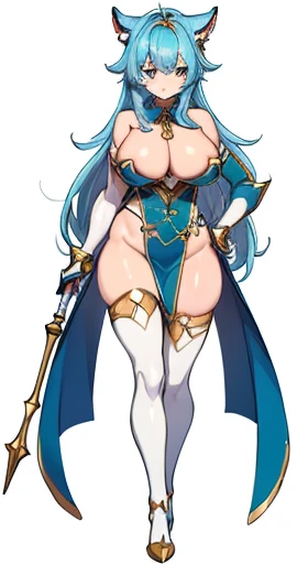 (((Best Quality))) , ((full body)), female, reference sheet, solo, (white background), holding staff, gauntlets, thigh high, femloin, long hair,  blue, red, green, pink, white,