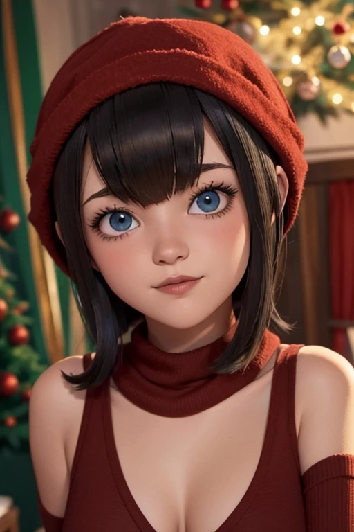 Estilo Mavis, desnuda, oppais gigantes, pelo corto, ojos azules,, in a room with Christmas details and decorations, y gorrito rojo