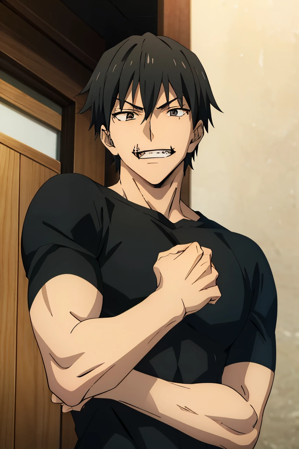 fushiguro toji, muscular male, evil grin, black shirt, short sleeves,