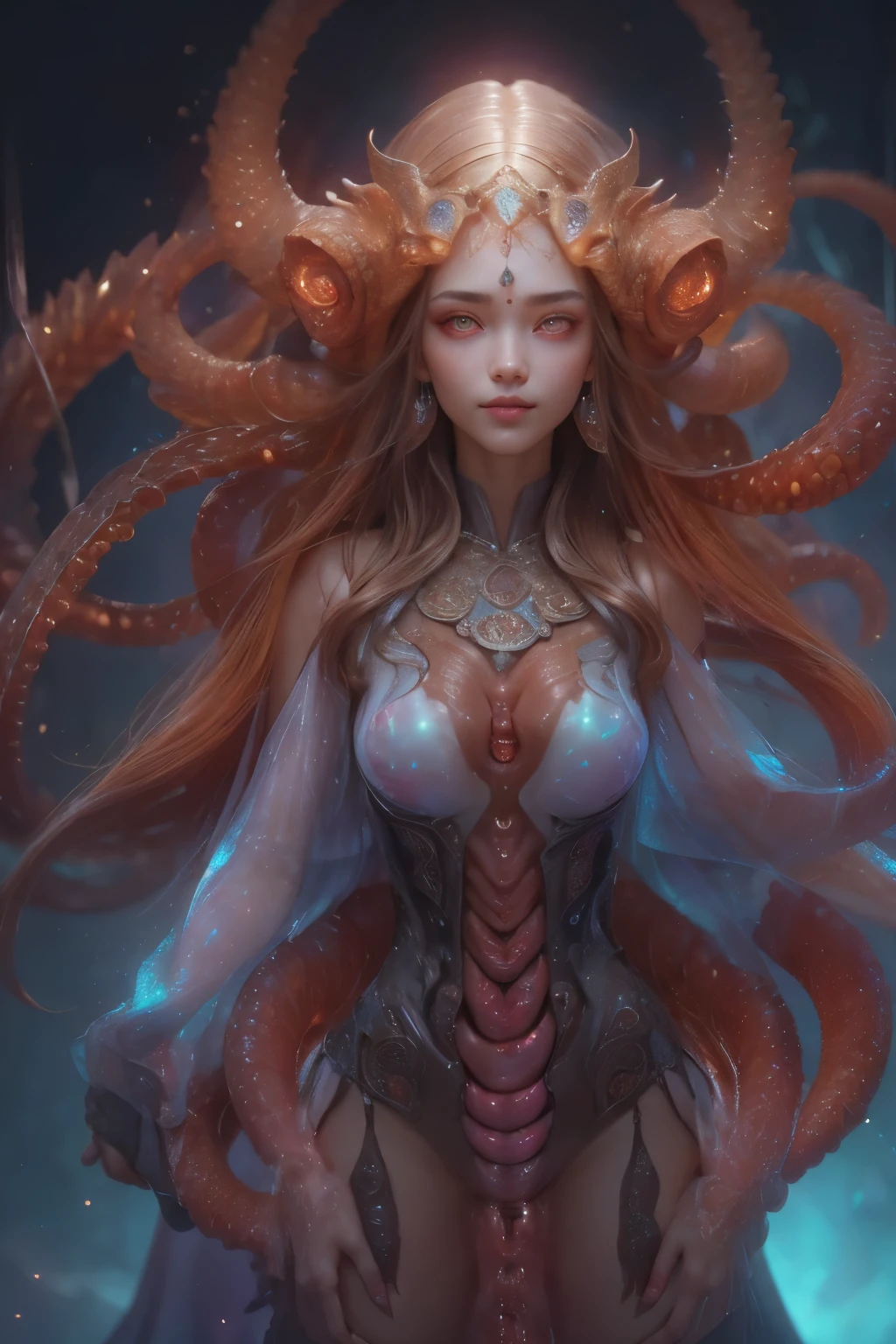Portrait, (beautiful female alien:1.2),  (There is a female genital-like organ in the middle of the forehead...:1.8), (The most beautiful face in the history of the universe:1.2), (scarlet eyes:1.6), (Translucent skin:1.8), an evil gaze that seduces , (red eyes:1.5), Full body like, (sexypose:1.5), alien, No humans, cells are fused, (Lots of translucent tentacles:1.1) (Translucent skin:1.3), extraterrestrial, cell, bio image, 魅惑的, Best Quality, 8K,4K_quality, High Definition, Dramatic Lighting, masutepiece:1.5,cinematic quality, detail up, (Intricate details:1.2), High resolution, High Definition, drawing faithfully, (Thick eyebrows:1.2), Beautiful eyes with fine symmetry, (Ultra detailed eyes:1.2),(Highly detailed face and eyes:1.2), (High-resolution red-eye:1.4), Intimate face, (Super detailed skin quality feeling:1.4), Perfect Anatomy,  (Beautiful toned body:1.5),  (Moist skin:1.2), No makeup, (dark circles:1.1), long canines, cinematic drawing of characters, ultra high quality model, cinematic quality, detail up, (Intricate details:1.2), High resolution, High Definition, drawing faithfully, Official art, Unity 8K wall  , 8K Portrait, Best Quality, Very High resolution, ultra detailed artistic photography, midnight aura,  unreal enginee 5, Ultra Sharp Focus, art by alberto seveso, ArtGerm, Roisch, intricate artwork, Medusa, best quality, masutepiece, ultra High resolution, (photos realistic：1.4), Ultra-realistic realism, dream-like,  nautilus, Creation of fantasy, Snail, Dream Snail,  biopunk nautilus, Thrilling color schemes， Ultra-realistic realism， seductively smiling, Blue tentacles