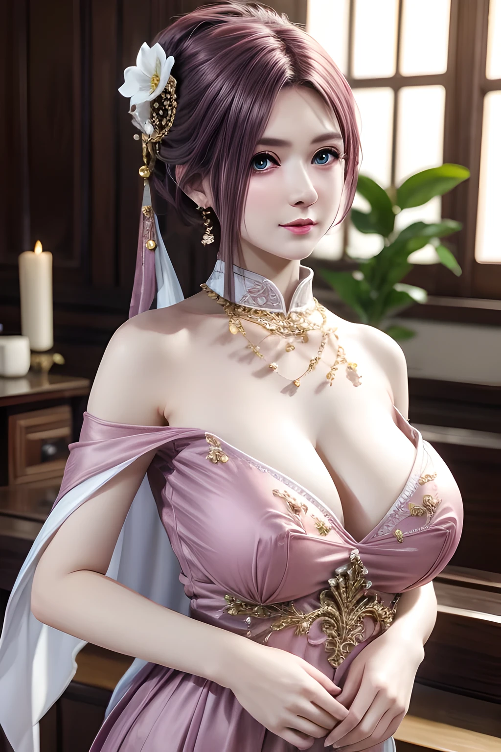 1个Giant Breast Girl,Elise, (Wearing Chinese Wedding_a skirt),jewely,Tattooed with,鎖骨,gigantic cleavage breasts,tmasterpiece, Best Picture Quality,of a real, Detailed pubic hair,8K，number art,Detailed pubic hair头发,(of a realistic, photo-of a realistic:1.37),Amazing Cleavage, finely detailled,full bodyesbian,