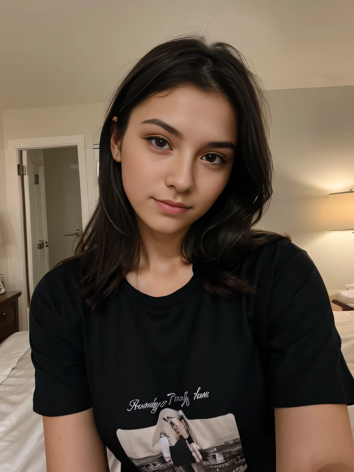 Photo of a 20 year old brunette woman, that has a very natural face, thin lips, thin eyes, thin eyebrows, thin nose, earrings, long eyelashes. She makes a cute selfie in bedroom, sheets covering body, black shirt showing, natural, sexual pose, full slim body