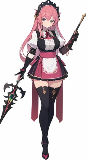 (((Best Quality))) , ((full body)), female, reference sheet, solo, (white background), holding staff, gauntlets, thigh high, femloin,  long hair,  blue, red, green, pink, white,  apron dress,