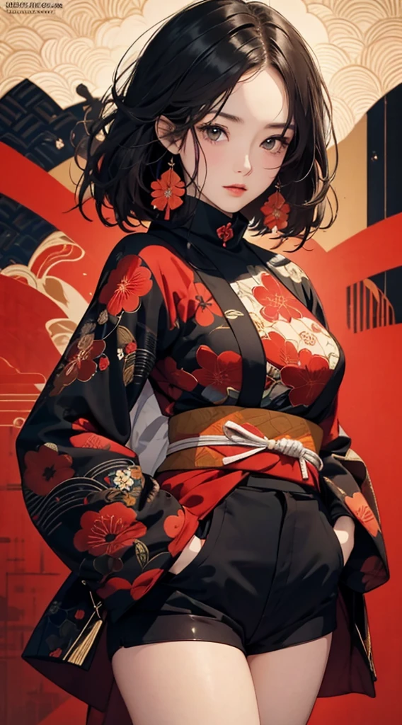 ((8k wallpaper of extremely detailed CG unit, masterpiece, hight resolution, top-quality, top-qualityのリアルテクスチャスキン)), (very beautiful and attractive woman, The upper part of the body, Pose like a model with your hands in your pockets:1.5, Wear a Japanese pattern haori over a turtleneck:1.2, Japanese pattern micro mini shorts:1.2), (A dark-haired, hair messy, Plump lips, de pele branca, small tit), (((Colorful background with geometric patterns, Japanese pattern background, warm color))), (Landscape composition, hyper realisitic, digitial painting),