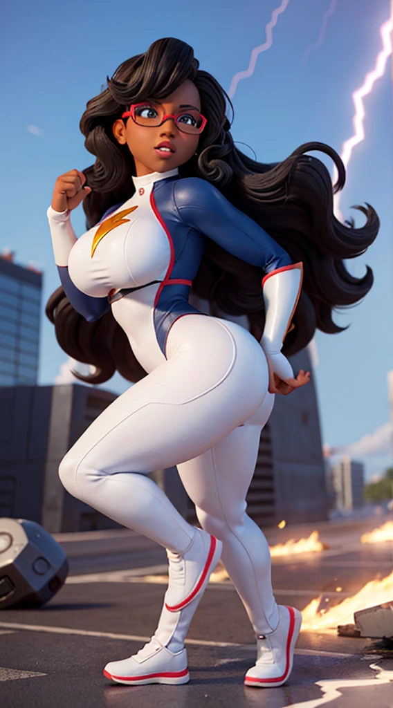 black super heroine with the power of lightning, white and curly hair, wears prescription glasses, large and perfect breasts, large and perfect butt, shapely legs and wears tight sexy clothes.