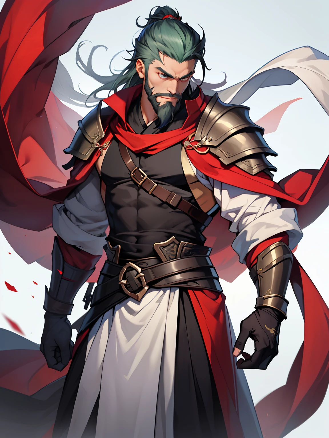 zhangfei,1 boy,Muscular,tmasterpiece,Best quality,Long beard,zhangfei,Medieval robes,armour,simply white background,