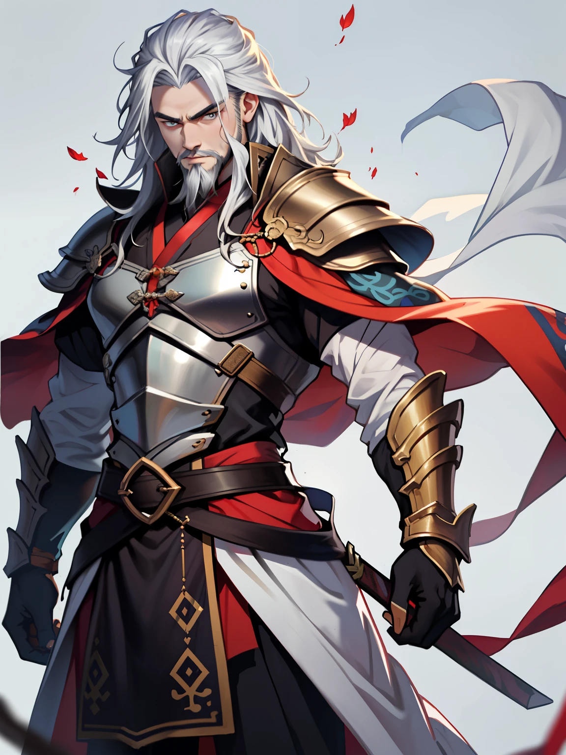 zhangfei,1 boy,Muscular,tmasterpiece,Best quality,Long beard,zhangfei,Medieval robes,armour,simply white background,