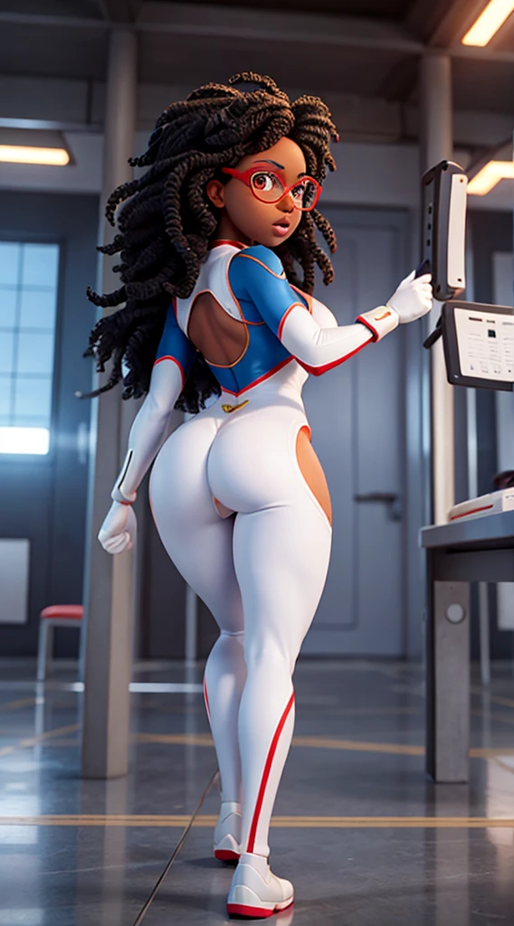 black super heroine with the power of lightning, white and curly hair, wears prescription glasses, large and perfect breasts, large and perfect butt, shapely legs and wears tight sexy clothes.