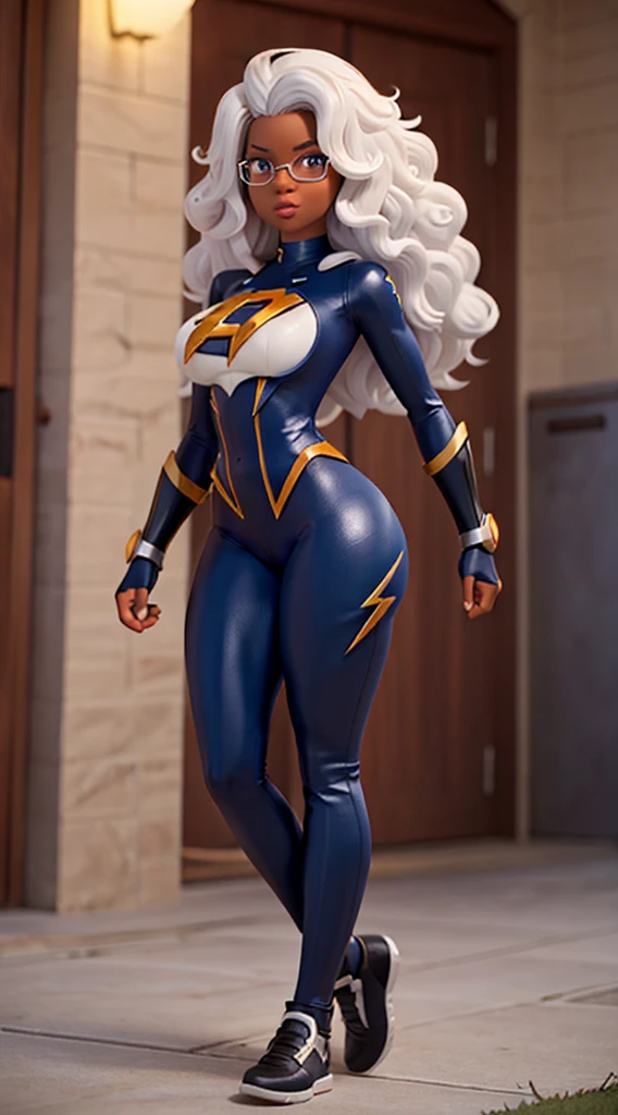 black super heroine with the power of lightning, white and curly hair, wears prescription glasses, large and perfect breasts, large and perfect butt, shapely legs and wears tight sexy clothes.