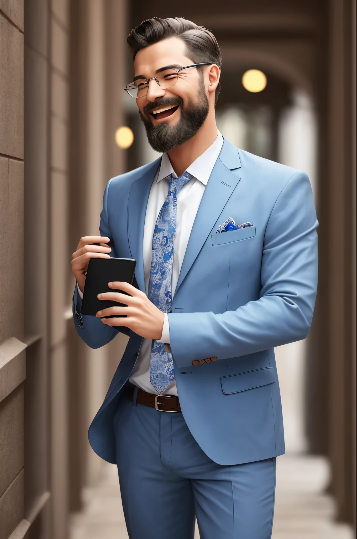 A charismatic man in a light blue suit with a beard and mustache holding a tech gadget is laughing and the picture is a real picture. --auto --s2