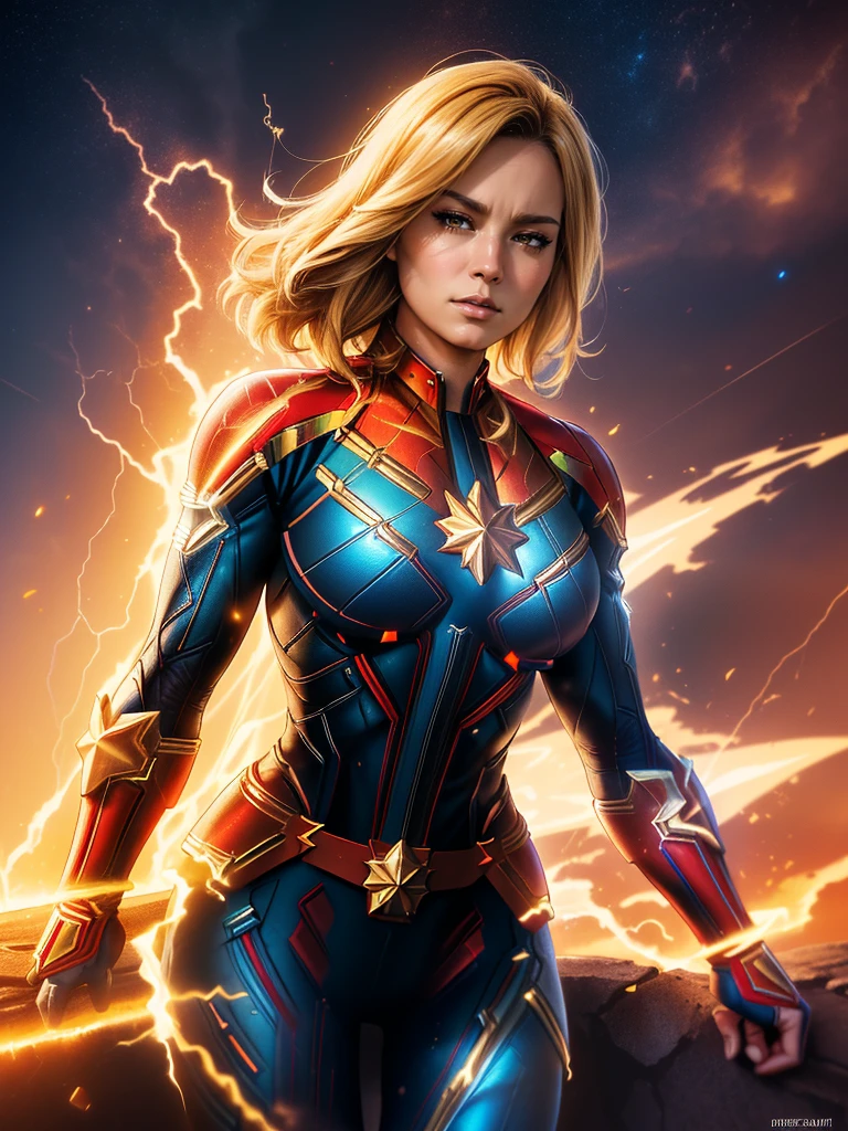 ((Best Quality, masterpiece, ultra-detailer, 16K resolution, extremely detailed), Abstract expressionist painting "Hyperion", Digital Painting, character concept art portrait, Captain Marvel (gigantic breasts), catastrophe.