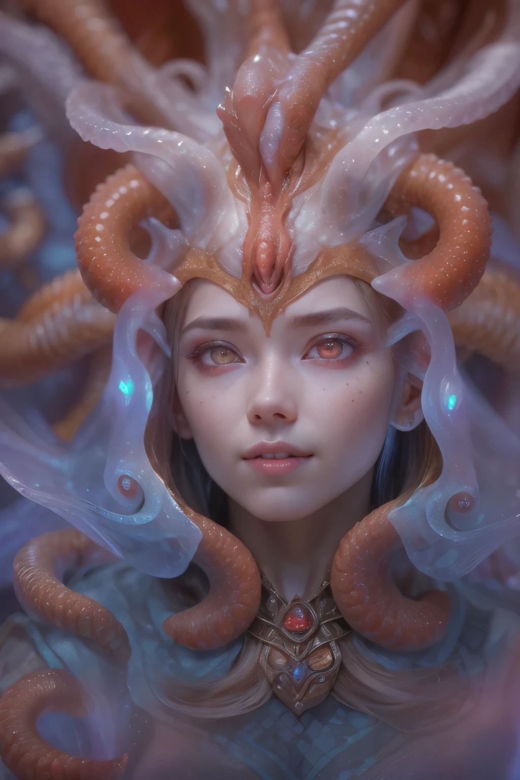 Portrait, (beautiful female alien:1.2), (There is a female genital-like organ in the middle of the forehead..:1.8), (The most beautiful face in the history of the universe:1.2), (scarlet eyes:1.6), (Translucent skin:1.8), an evil gaze that seduces , (red eyes:1.5), Full body like, (sexypose:1.5), alien, No humans, cells are fused, (Lots of translucent tentacles:1.1) (Translucent skin:1.3), extraterrestrial, cell, bio image, 魅惑的, Best Quality, 8K,4K_quality, High Definition, Dramatic Lighting, masutepiece:1.5,cinematic quality, detail up, (Intricate details:1.2), High resolution, High Definition, drawing faithfully, (Thick eyebrows:1.2), Beautiful eyes with fine symmetry, (Ultra detailed eyes:1.2),(Highly detailed face and eyes:1.2), (High-resolution red-eye:1.4), Intimate face, (Super detailed skin quality feeling:1.4), Perfect Anatomy, (Beautiful toned body:1.5), (Moist skin:1.2), No makeup, (dark circles:1.1), long canines, cinematic drawing of characters, ultra high quality model, cinematic quality, detail up, (Intricate details:1.2), High resolution, High Definition, drawing faithfully, Official art, Unity 8K wall , 8K Portrait, Best Quality, Very High resolution, ultra detailed artistic photography, midnight aura, unreal enginee 5, Ultra Sharp Focus, art by alberto seveso, ArtGerm, Roisch, intricate artwork, Medusa, best quality, masutepiece, ultra High resolution, (photos realistic:1.4), Ultra-realistic realism, dream-like, nautilus, Creation of fantasy, Snail, Dream Snail, biopunk nautilus, Thrilling color schemes, Ultra-realistic realism, seductively smiling, Blue tentacles