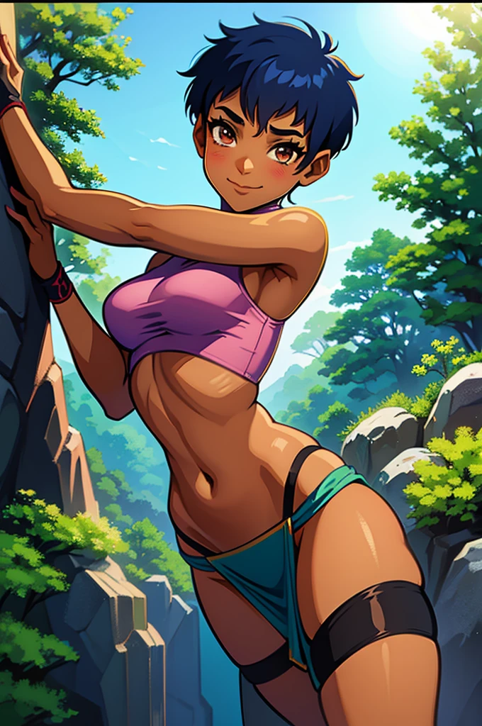 1 girl, solo, beautiful, medium breast, ((hot)), attractive, look at viewer, TARANEE, (short hair), dark blue hair, light brown eyes, dark skin, jungle, trees, rocks, plants, outside, blush, slight smile, 25 years old, harem girl, harem outfit, 2 piece outfit, ((loincloth)), ((sexy)), mischievous, sexy pose