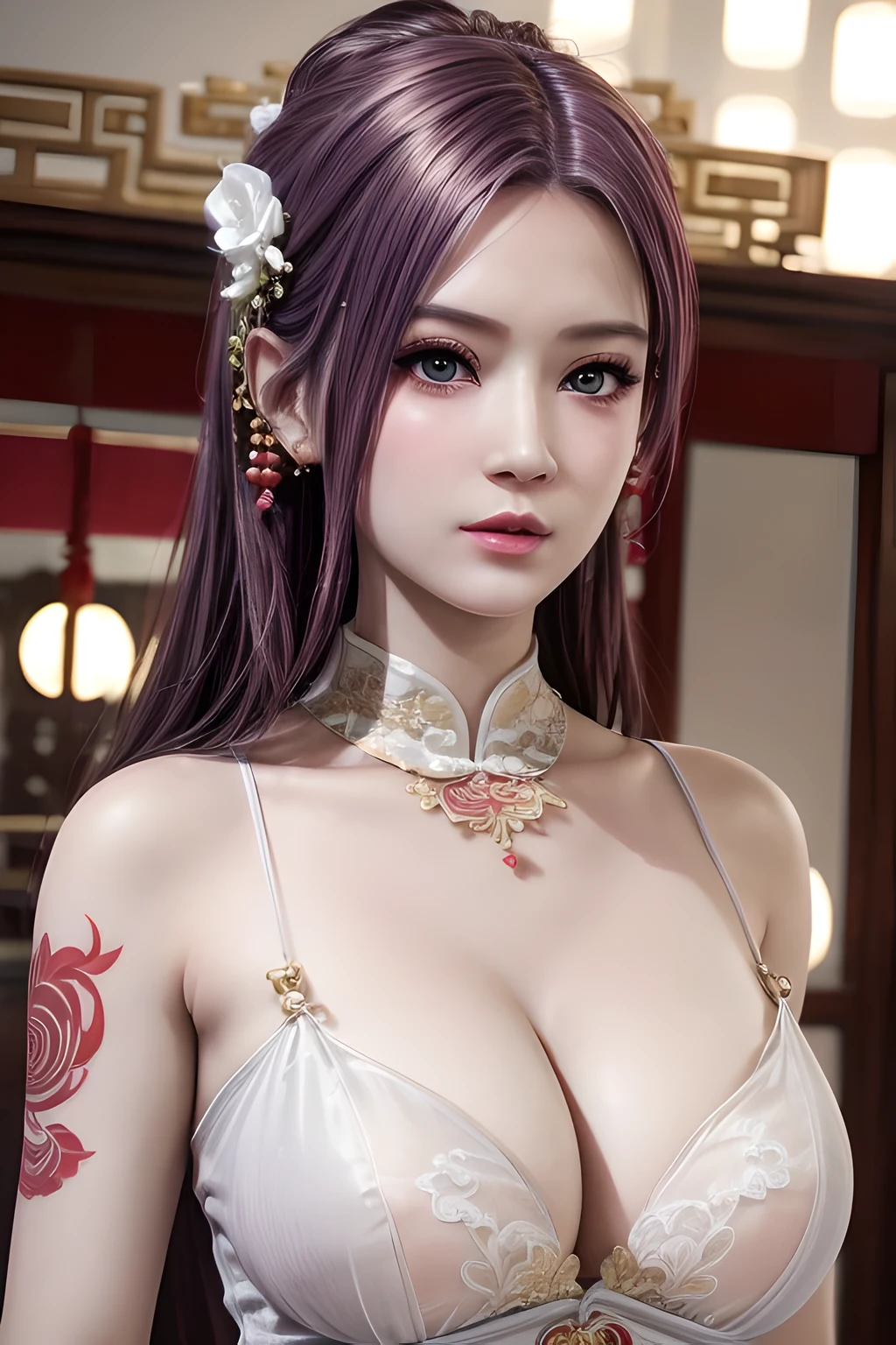 1个Giant Breast Girl,Elise, (Wearing Chinese Wedding_a skirt),jewely,Tattooed with,鎖骨,gigantic cleavage breasts,tmasterpiece, Best Picture Quality,of a real, Detailed pubic hair,8K,number art,Detailed pubic hair头发,(of a realistic, photo-of a realistic:1.37),Amazing Cleavage, finely detailled,full bodyesbian,