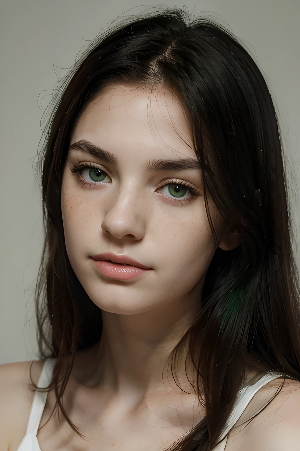portrait spanish woman of 19 years, her cabello ????? contrasts with her Pale skin, Pale skin, cabello largo y oscuro, ojos verdes, with stunning ojos verdes, smooth and flawless and Pale skin, ojos verdes fine face pretty face, bright and precise ojos verdes, Bellos rasgos de un rostro fino., big ojos verdes, pale, shiny skin, cabello ?????, cejas negras, con muchas pecas, cabello muy oscuro, piel blanca, long eyeslashes, Retrato suave, long eyeslashes, very cabello ?????