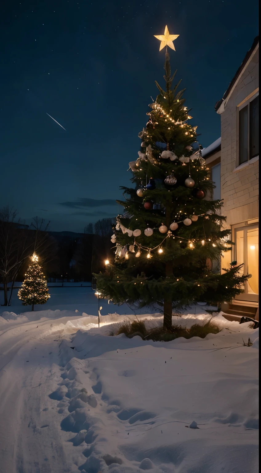 Generate a masterpiece, Christmas tree, Christmas lightings, so many presents underneath the tree, and Children’s playing around the tree, Christmas party environment, under the starry dark sky, fantasy look, beautiful vibrant colours lights, snow fall background