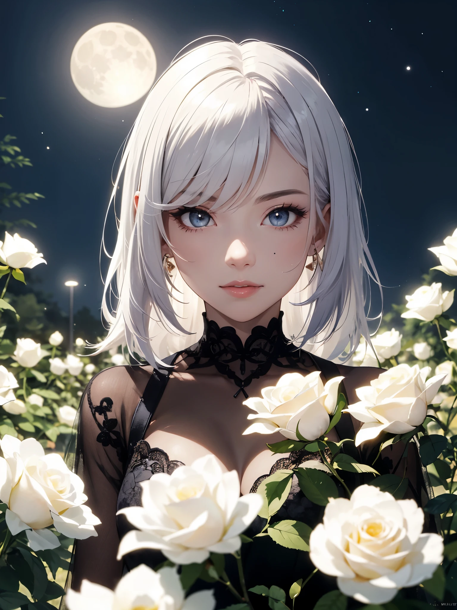 Mulher de cabelo branco, olhos  amarelos neon, the moon in the brightest setting, a setting surrounded by a garden of white roses, in high resolution, foco na mulher, lighting highlighting your face and eyes