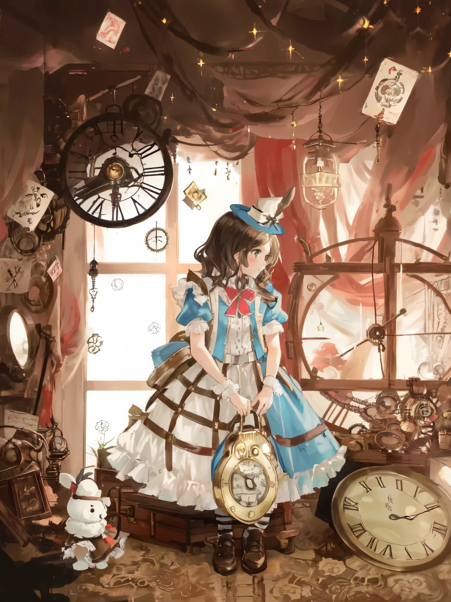 arafed image of a girl in a dress and hat with a clock, alice in wonderland style, like alice in wonderland, in detailed steampunk dress, angelic pretty, portrait of magical lolita girl, alice in wonderland theme, lolita fashion, ( steampunk ), (steampunk), magic and steam - punk inspired, lolita style, alice from alice in wonder land, steampunk style