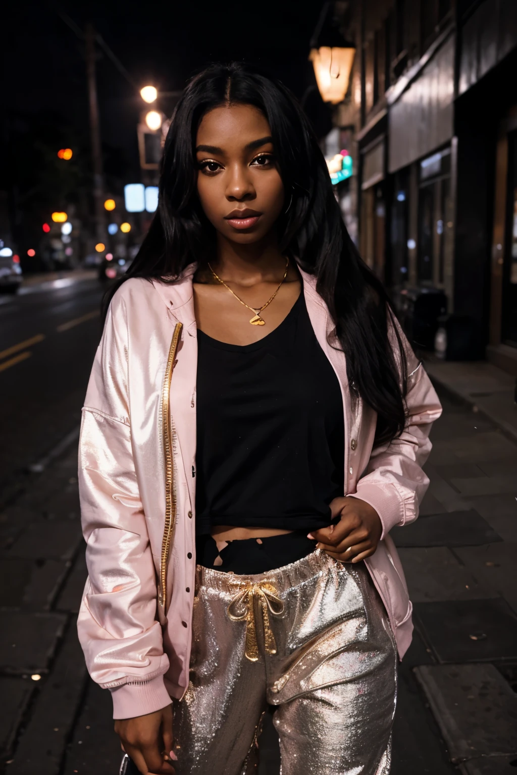 thin singer diamond white on a very dark street in brooklyn at night, wearing an oversized black t-shirt and pink baby phat sweatpants, pink jacket, gold nameplate necklace, her hair is straight black, her dark skin glows in the streetlight, sad expression, long lashes