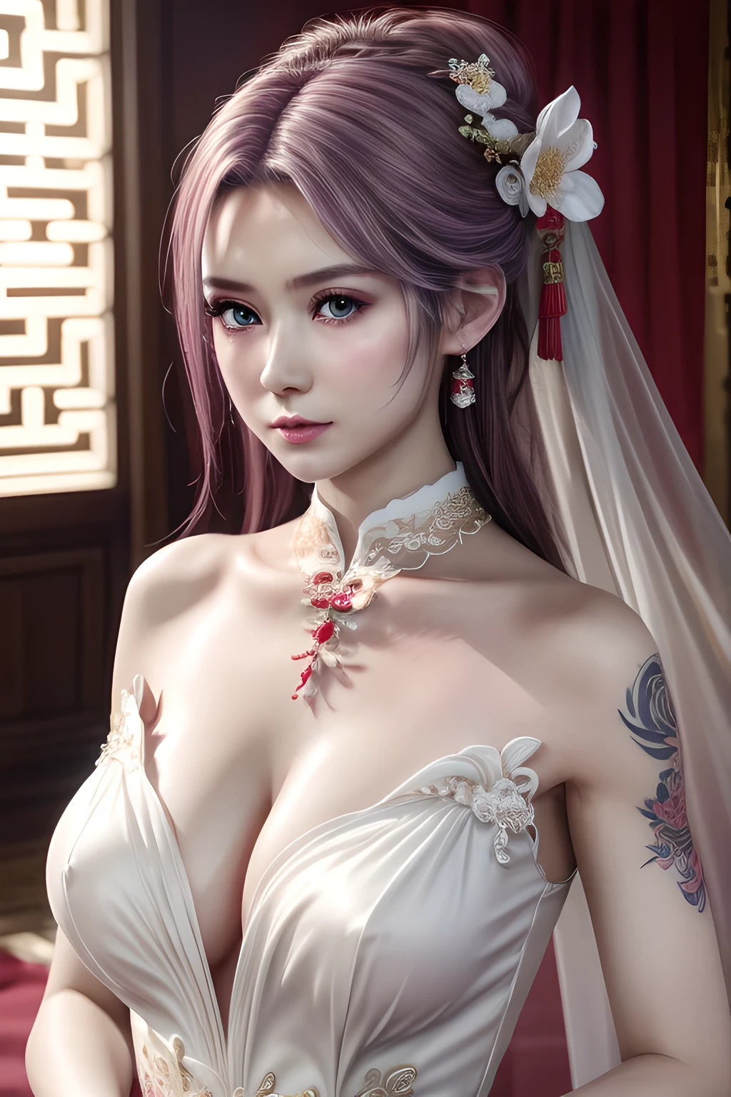 1个Giant Breast Girl,Elise, (Wearing Chinese Wedding_a skirt),jewely,Tattooed with,鎖骨,gigantic cleavage breasts,tmasterpiece, Best Picture Quality,of a real, Detailed pubic hair,8K,number art,Detailed pubic hair头发,(of a realistic, photo-of a realistic:1.37),Amazing Cleavage, finely detailled,full bodyesbian,