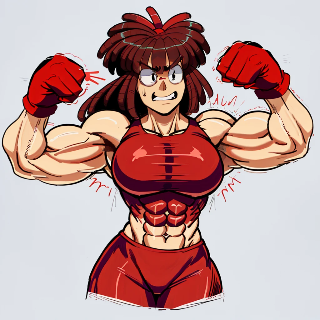 (My Hero Academia Style), ((full bodyesbian)), (Simple background), ((1girl)), (((High resolution)))), ((solo)), (white backgrounid:1.3), (((A strong and confident girl))), ((((Ragatha)))), (((is wearing boxing gloves black and flexing her biceps))), ((((she wears black sports bra and shorts)))), (((the biceps on her arms are flexed))), (((emphasizing her strength and determination))), ((((Her lips are slightly parted)))), (((showing a hint of determination and resilience))), ((((Her facial expression is confident)))), ((representing her unwavering spirit)), ((((wearing boxing gloves black)))), ((((flexing her biceps)))), (((stands in a challenging pose))), (((hands on hips))), (((exuding a terrifying yet captivating presence))), (((with a full-body representation))), ((((perfect anatomy)))), ((((perfect hands)))), ((((perfect face)))), ((((super detailed)))), ((((photo of full body:1.5)))), ((((wide thighs)))), ((((toned thighs)))), ((((wide hips)))), ((((toned hips)))), ((((toned calves)))), ((((Marked muscles)))), ((((toned body)))), ((((Abs)))), ((((marked abdomen)))), ((((exposed abdomen)))), ((((Bare legs)))), ((((ragdoll skin)))), ((((ragdoll seams)))), ((((ragdoll body)))), ((((redhead curls))), (((curls))), (((redhead))), (((blue button right patch))), (((right button patch))), (((blue right patch))), ((((blue button patch))), (((patch))), ((blue button)), (((sexy posture))), (((medium breasts))), (((broad shoulders))),