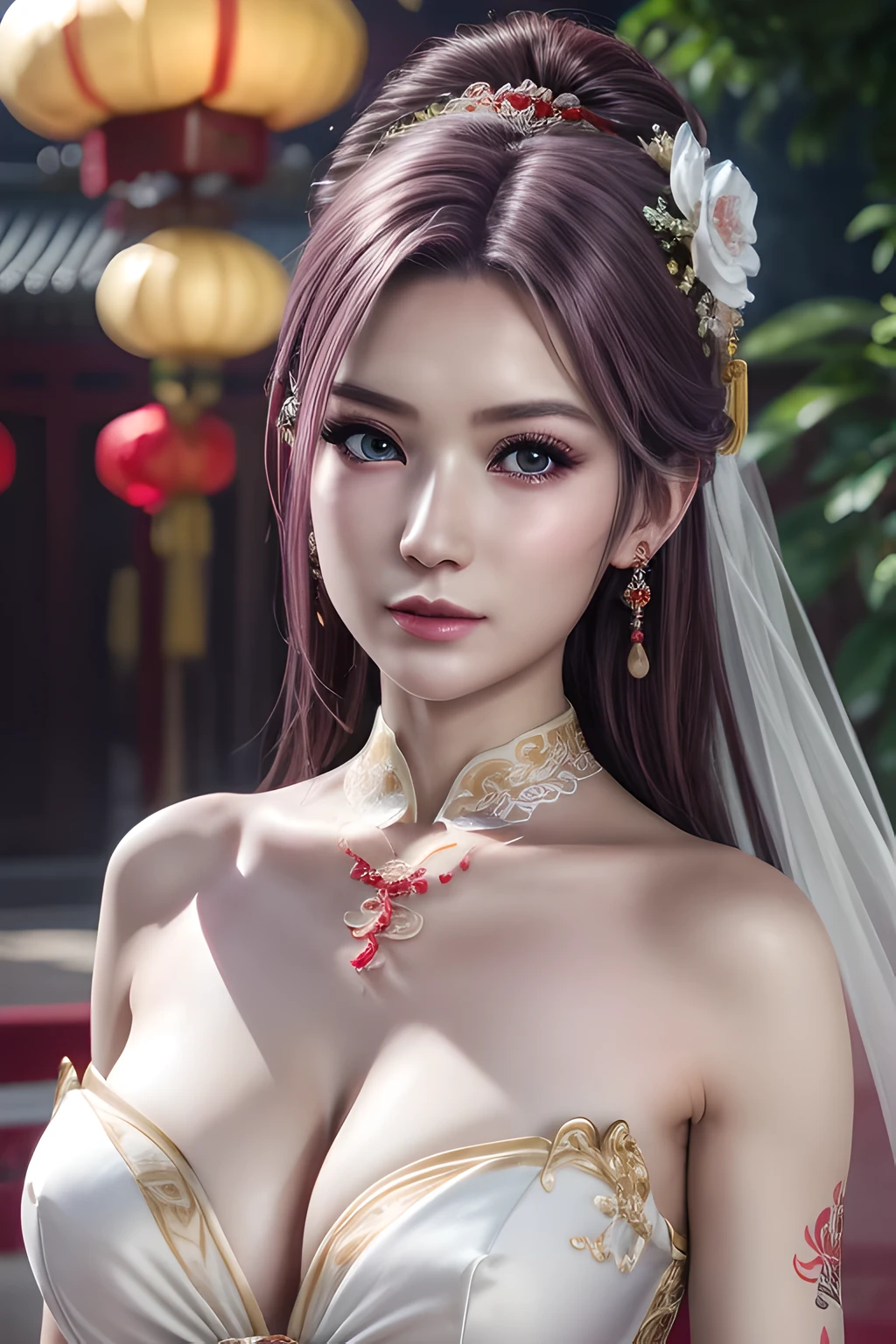 1个Giant Breast Girl,Elise, (Wearing Chinese Wedding_a skirt),jewely,Tattooed with,鎖骨,gigantic cleavage breasts,tmasterpiece, Best Picture Quality,of a real, Detailed pubic hair,8K,number art,Detailed pubic hair头发,(of a realistic, photo-of a realistic:1.37),Amazing Cleavage, finely detailled,full bodyesbian,