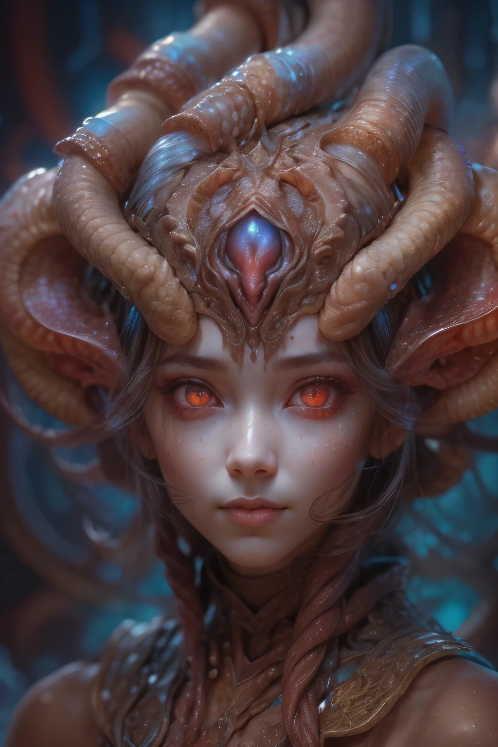Portrait, (beautiful female alien:1.2), (There is a female genital-like organ in the middle of the forehead..:1.8), (The most beautiful face in the history of the universe:1.2), (scarlet eyes:1.6), (Translucent skin:1.8), an evil gaze that seduces , (red eyes:1.5), Full body like, (sexypose:1.5), alien, No humans, cells are fused, (Lots of translucent tentacles:1.1) (Translucent skin:1.3), extraterrestrial, cell, bio image, 魅惑的, Best Quality, 8K,4K_quality, High Definition, Dramatic Lighting, masutepiece:1.5,cinematic quality, detail up, (Intricate details:1.2), High resolution, High Definition, drawing faithfully, (Thick eyebrows:1.2), Beautiful eyes with fine symmetry, (Ultra detailed eyes:1.2),(Highly detailed face and eyes:1.2), (High-resolution red-eye:1.4), Intimate face, (Super detailed skin quality feeling:1.4), Perfect Anatomy, (Beautiful toned body:1.5), (Moist skin:1.2), No makeup, (dark circles:1.1), long canines, cinematic drawing of characters, ultra high quality model, cinematic quality, detail up, (Intricate details:1.2), High resolution, High Definition, drawing faithfully, Official art, Unity 8K wall , 8K Portrait, Best Quality, Very High resolution, ultra detailed artistic photography, midnight aura, unreal enginee 5, Ultra Sharp Focus, art by alberto seveso, ArtGerm, Roisch, intricate artwork, Medusa, best quality, masutepiece, ultra High resolution, (photos realistic:1.4), Ultra-realistic realism, dream-like, nautilus, Creation of fantasy, Snail, Dream Snail, biopunk nautilus, Thrilling color schemes, Ultra-realistic realism, seductively smiling, Blue tentacles