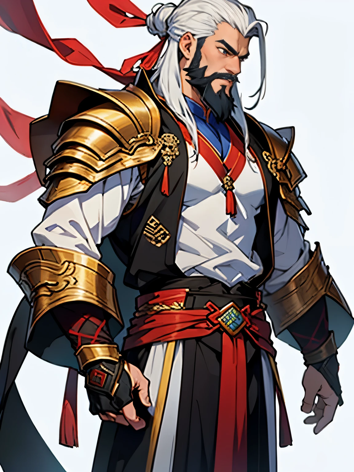 zhangfei，1 boy，Muscular，tmasterpiece，Best quality，Long beard，zhangfei，Medieval robes，armour，simply white background，