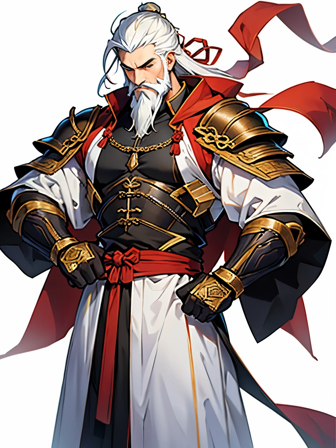 zhangfei,1 boy,Muscular,tmasterpiece,Best quality,Long beard,zhangfei,Medieval robes,armour,simply white background,