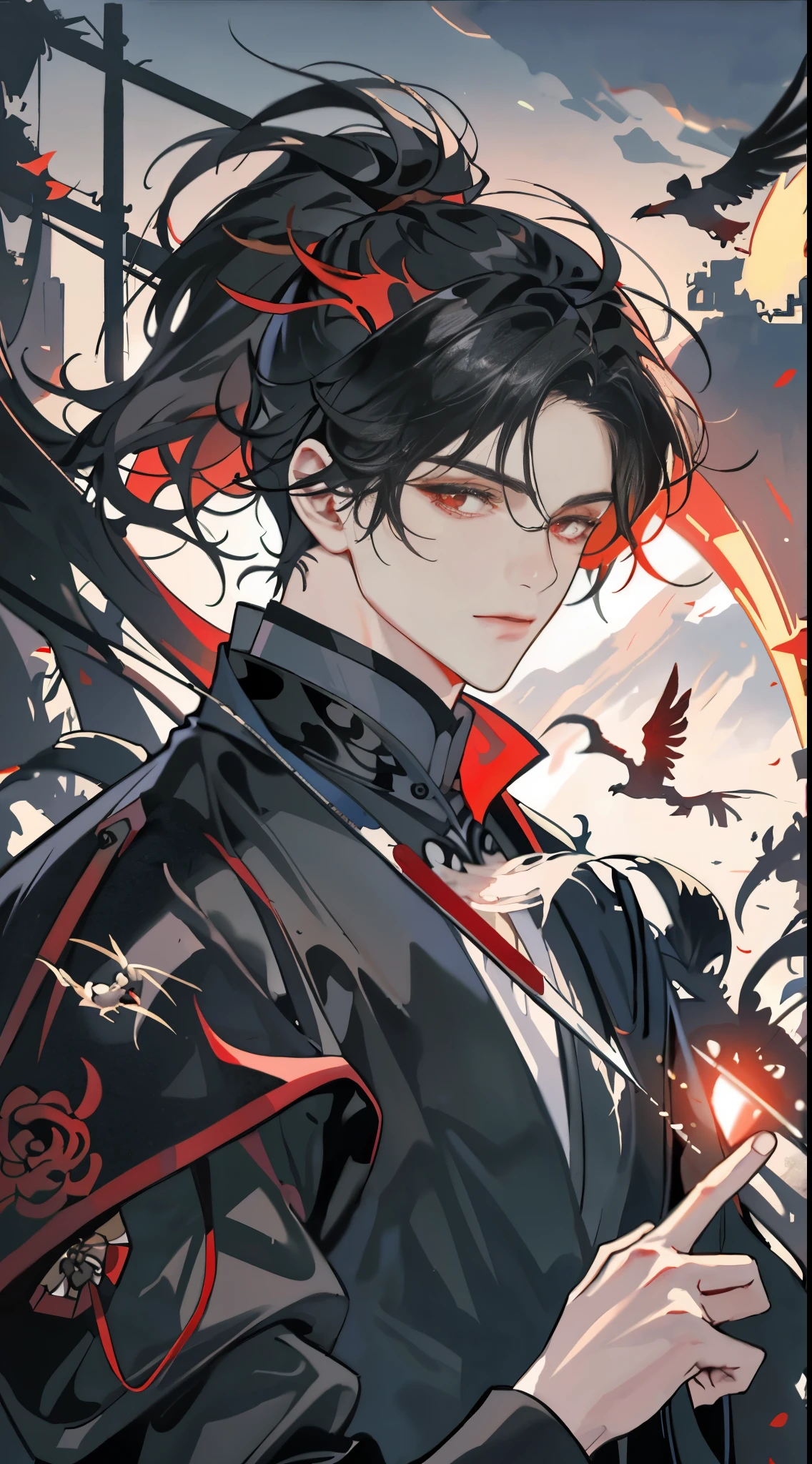 He was wearing a black and red robe，There&#39;s Tai Chi on it，messy  hair，Broken hair，Long gray hair，Ranger，Very beautiful cyberpunk digital artwork，malefocus，Handsome，heroic look，With a knife in his hand，Chivalrous style，High quality detail depiction，the are In the background, There is a Chinese palace and a mountain forest surrounded by soft mist，Shoot to the side，The changes in light and shadow are extremely delicate。Anime style 4K wallpaper。