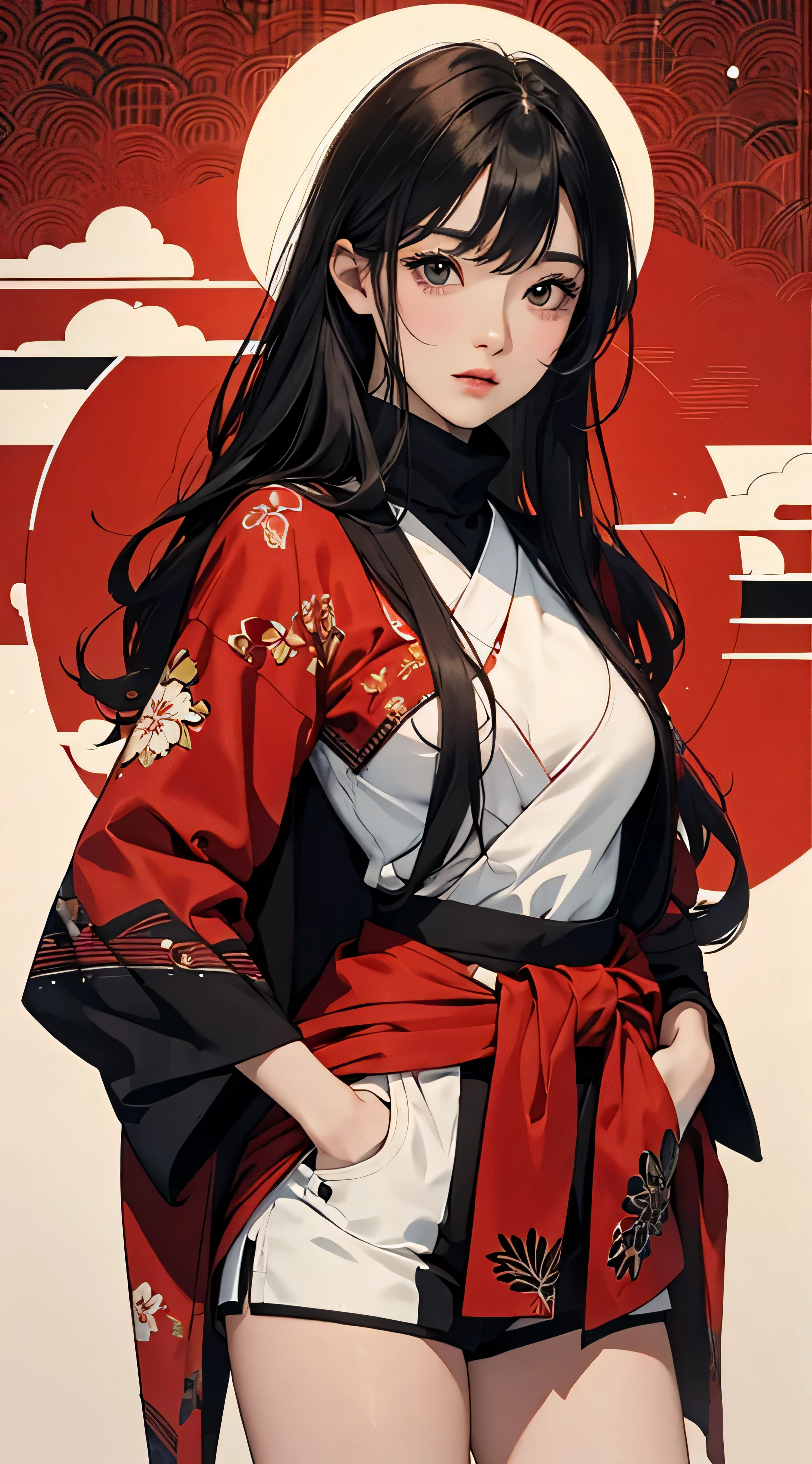 ((8k wallpaper of extremely detailed CG unit, masterpiece, hight resolution, top-quality, top-qualityのリアルテクスチャスキン)), (very beautiful and attractive woman, The upper part of the body, Pose like a model with your hands in your pockets:1.5, Wear a Japanese-patterned haori over a turtleneck:1.2, Japanese pattern micro mini shorts:1.2), (A dark-haired, hair messy, Plump lips, de pele branca, small tit), (((Colorful background with geometric patterns, Japanese pattern background, warm color))), (Landscape composition, hyper realisitic, digitial painting),