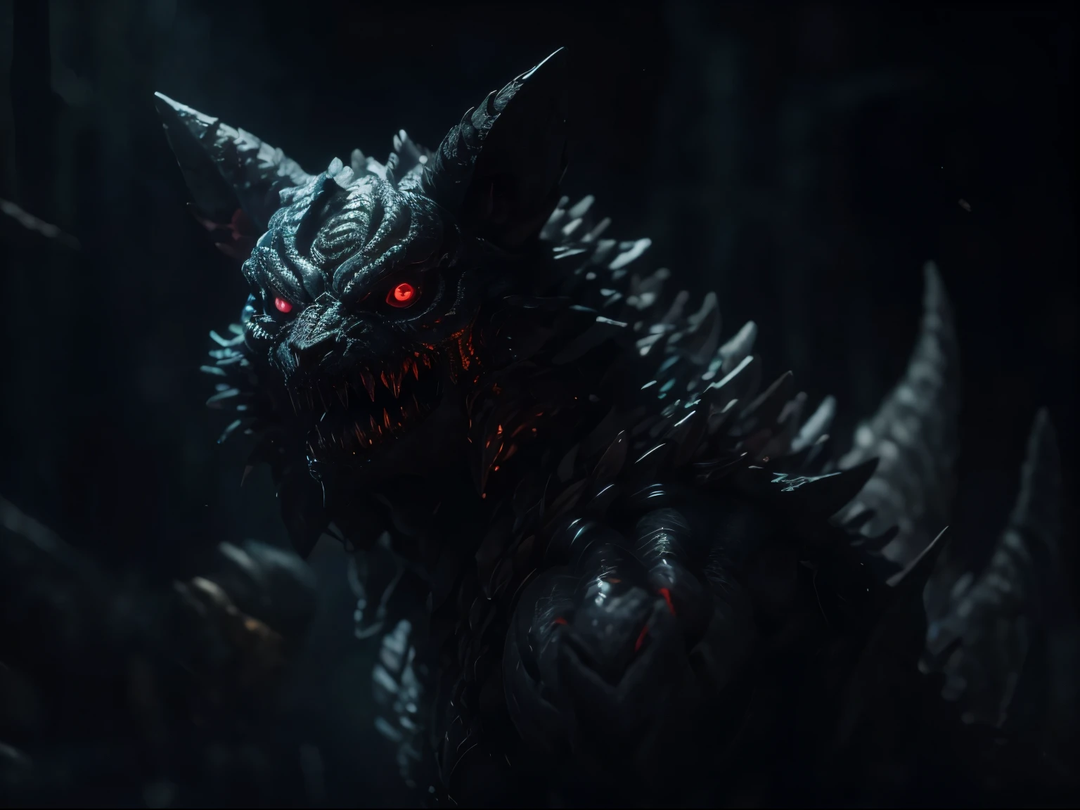 In an atmosphere of darkness and horror，The streets of the city are illuminated by moonlight。A beast with clearly visible scales on its body quietly appeared。，Its evil red eyes and sharp fangs exude an aura of terror，Like a demon crawling out of hell。