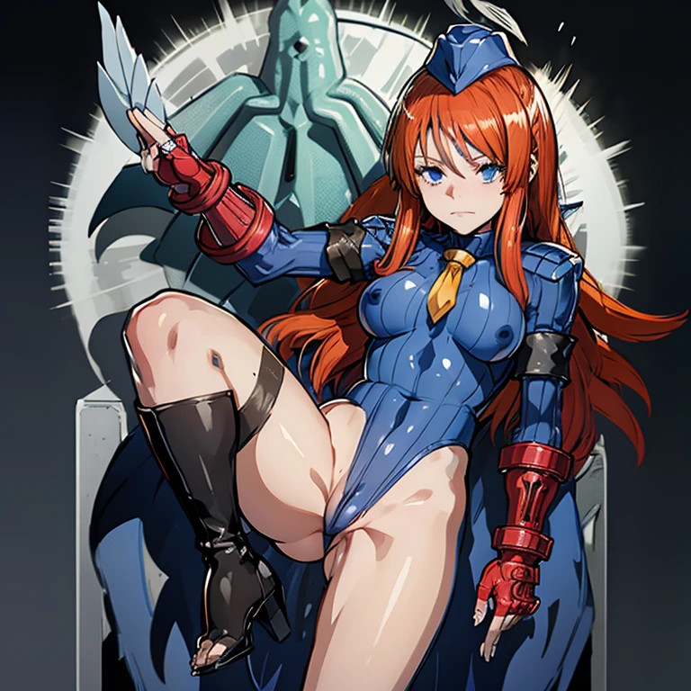 ultra-detailed, , Beautiful body, Beautiful Nose, Beautiful character design, perfect eyes, perfect face, ultra highres, 4K, beautiful legs, perfect legs, Nice hands, Perfect hand, Masterpiece, Best Quality, Highly detailed, illustration, absurdres, street fighter, doll suit, shadaloo doll, dollsuit, expressionless, blank eyes, looking at viewer, red gloves, emotionless, black latex, corrution, mind control, female combatant, full body, hypnotized, unhappy trance, full body suit, ribbed bodysuit, both arms at side, obey, perfect female body, extremely glossy latex, hypnosis, hypnoLora, empty eyes, Mind control device, poses, submissive_pose, Slave, hecktie, stand up straight, standing, standing at attention, hat, necktie, belt, latex, ribbed bodysuit, thighhighs, garter belt, Fighting Stance, extending the right arm from the shoulder into the air with a straightened hand, nazi saluting, military, military saluting, salute, thigh boots, 1girl, minerva the exalted lightsworn, brown hair, long hair, wing, feather, blue eyes