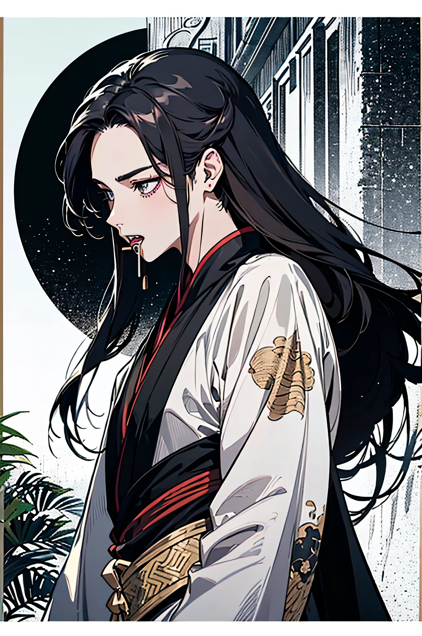 (Huang Li, A high resolution, ultra - detailed), 1人, 18岁male people、 英俊's, 高's,, 细致's眼睛和细致's脸部, Hanfu、(Black Hanfu)、((Blackn clothes))、natta, eyeline、Vampires, ((Long gray hair, 黑发颜色's头发)), (((little martello forest)、bucktooth、((Double teeth))、(with her mouth open)、Black Hanfu、Gothic, 黑暗's, Enjoy the view, pale-skinned, 绿色细致's眼睛, eyeline, (male people), 一个性感's、's, Slightly muscular, Very charming, Flirtatious、Ancient Chinese black robe
