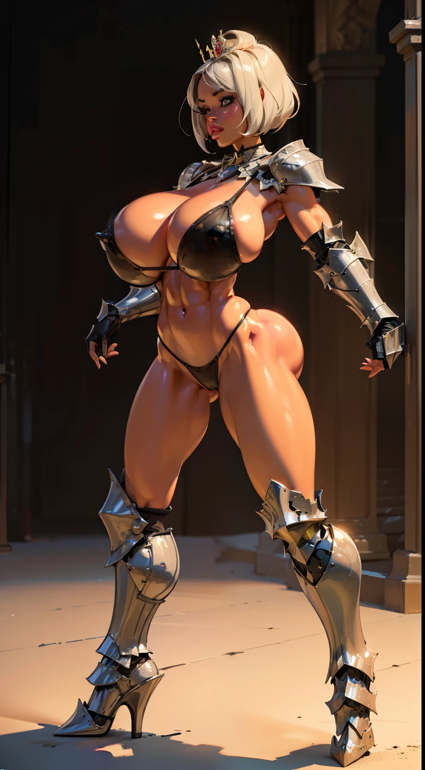 woman, bobcut, blondehair, ((black skin:1.4)), adorned in medieval armor, twerking, metal muscles, emanating a medieval elegance and marvel, armor pump boots, chrome bra, chrome silver tiara, small armband, (shoulder armor), gauntlets, ((armored bikini:1.4)), sword, shield, exposed midriff, (puffy lips:1.3), detailed eyes, ((slendered abs )),(((gigantic breasts:1.5))), wide hips, (puffy lips:1.5), slender abs,rim lighting, side light, cinematic light, ultra high definition, 8k, film grain,best shadow, light particles, detailed skin texture, detailed gem armor texture, detailed face, intricate details, super detailed, bright, spiked heel boots