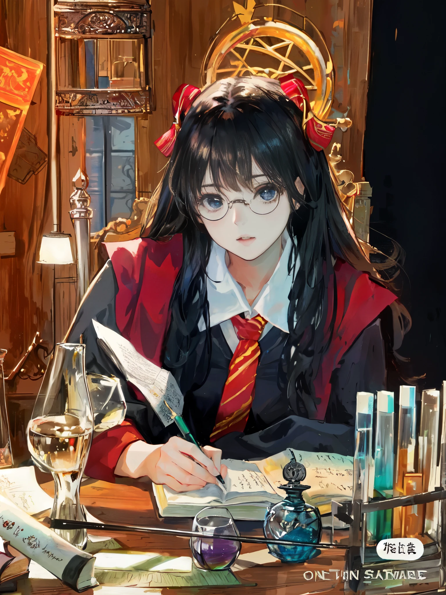 there is a woman sitting at a desk with a book and a pen, she wears harry potter glasses, magical school student uniform, magic school uniform, she is in the potions workshop, gryffindor, magical school, wearing hogwarts!!! robes!!!, sakimichan, in hogwarts, harry potter style, bae suzy, realistic , ulzzang