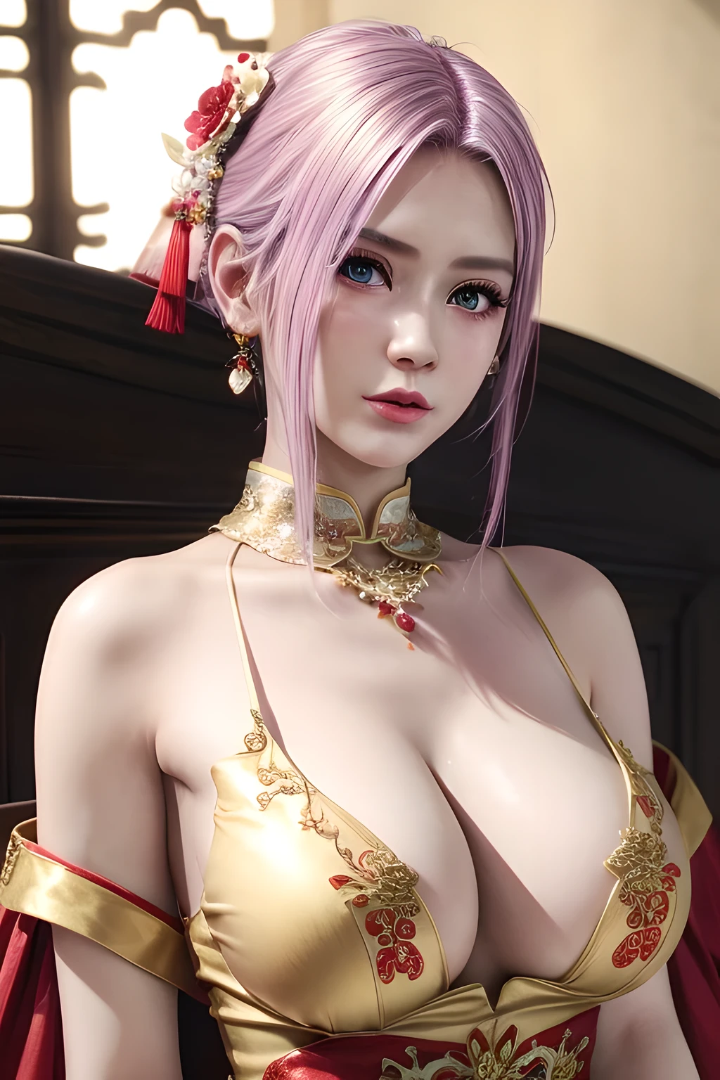 1个Giant Breast Girl,Elise, (Wearing Chinese Wedding_a skirt),jewely,Tattooed with,鎖骨,gigantic cleavage breasts,tmasterpiece, Best Picture Quality,of a real, Detailed pubic hair,8K，number art,Detailed pubic hair头发,(of a realistic, photo-of a realistic:1.37),Amazing Cleavage, finely detailled,full bodyesbian,