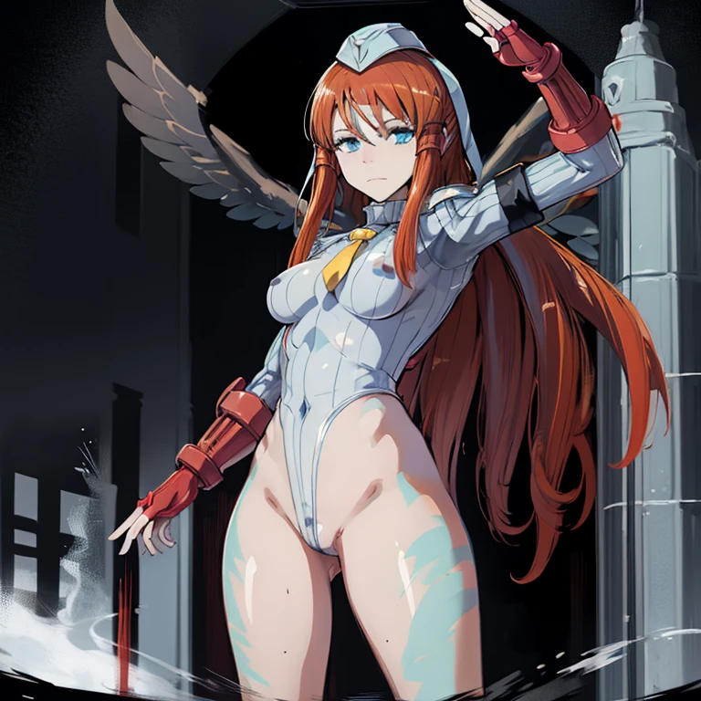 ultra-detailed, Explicit, Beautiful body, Beautiful Nose, Beautiful character design, perfect eyes, perfect face, ultra highres, 4K, beautiful legs, perfect legs, Nice hands, Perfect hand, Masterpiece, Best Quality, Highly detailed, illustration, absurdres, street fighter, doll suit, shadaloo doll, dollsuit, expressionless, blank eyes, looking at viewer, red gloves, emotionless, black latex, corrution, mind control, female combatant, full body, hypnotized, unhappy trance, full body suit, ribbed bodysuit, both arms at side, obey, perfect female body, extremely glossy latex, hypnosis, hypnoLora, empty eyes, Mind control device, poses, submissive_pose, Slave, hat, necktie, stand up straight, standing, standing at attention, hat, necktie, belt, latex, ribbed bodysuit, thighhighs, garter belt, Fighting Stance, extending the right arm from the shoulder into the air with a straightened hand, nazi saluting, military, military saluting, salute, thigh boots, 1girl, minerva the exalted lightsworn, brown hair, long hair, wing, feather, blue eyes, hood