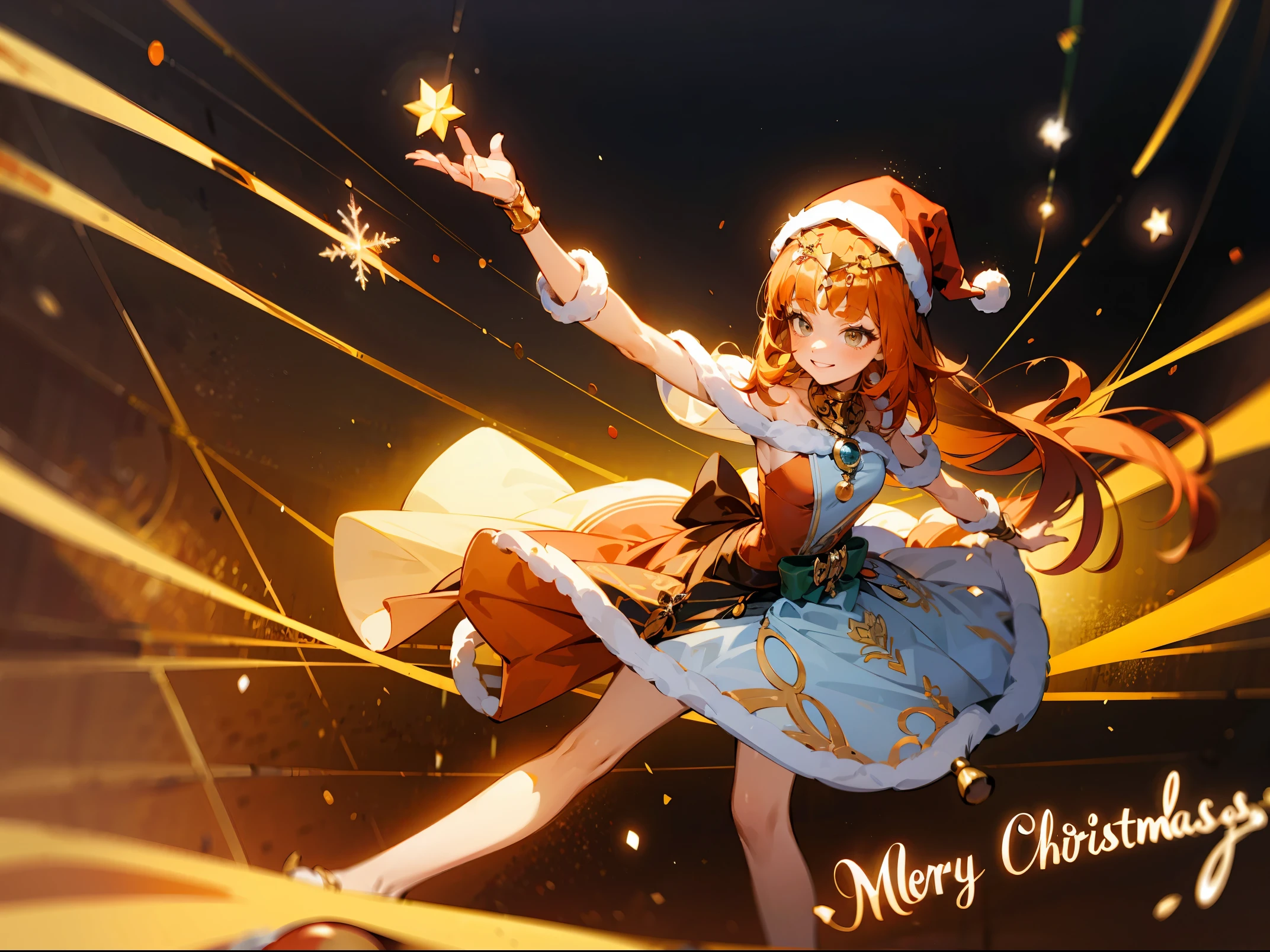 Genshin Impact character, Nilou, orange hair, Christmas theme, Santa outfit, dancing alone, elegant dance, smiling, long hairs, (Merry Christmas), long legs, beautiful eye lashes, sparking twinkle, vivid