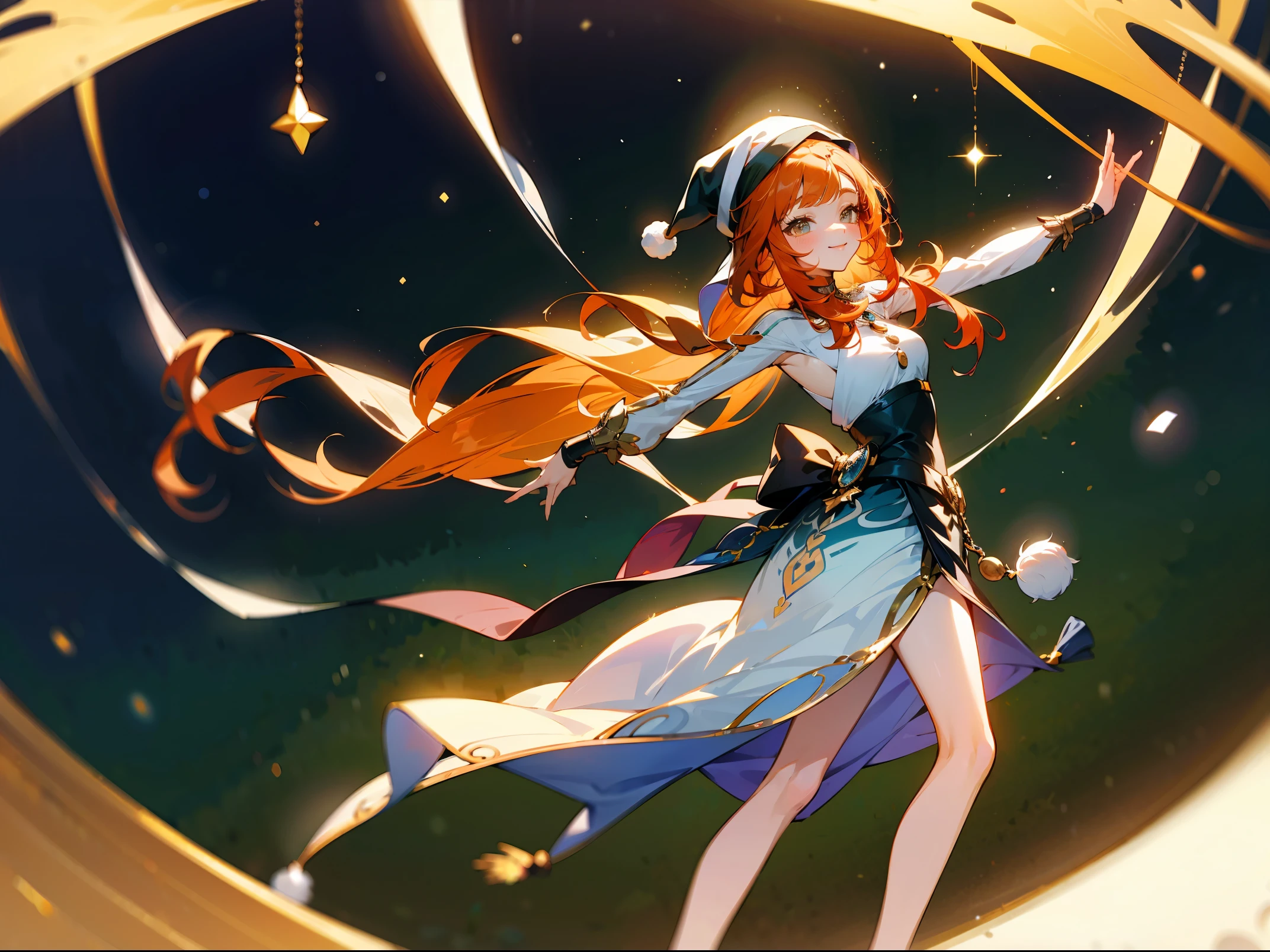 Genshin Impact character, Nilou, orange hair, Christmas theme, Santa outfit, dancing alone, elegant dance, smiling, long hairs, (Merry Christmas), long legs, beautiful eye lashes, sparking twinkle, vivid