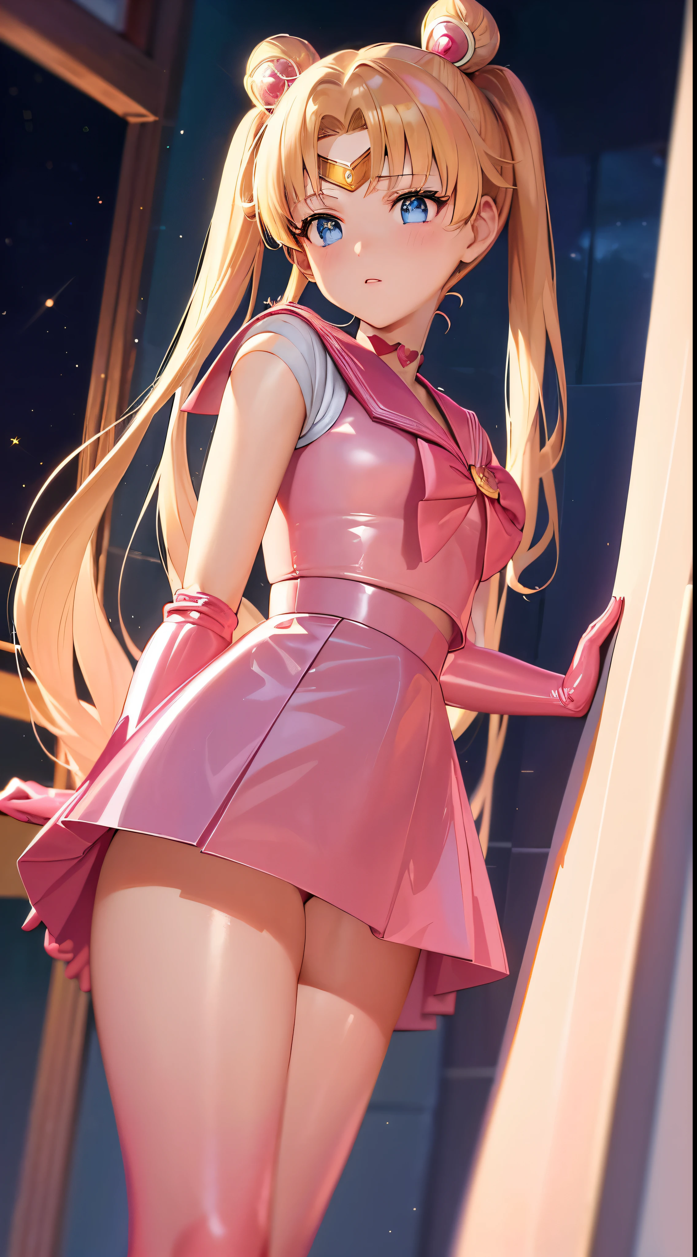 (best quality:1.4), highres, masterpiece, 4k, ultra detailed, intricate detail, tsukino usagi, blonde hair, blue eyes, (pink latex sailor uniform:1.4), (pink latex skirt:1.4), small , flat , out doors, night, starry sky,