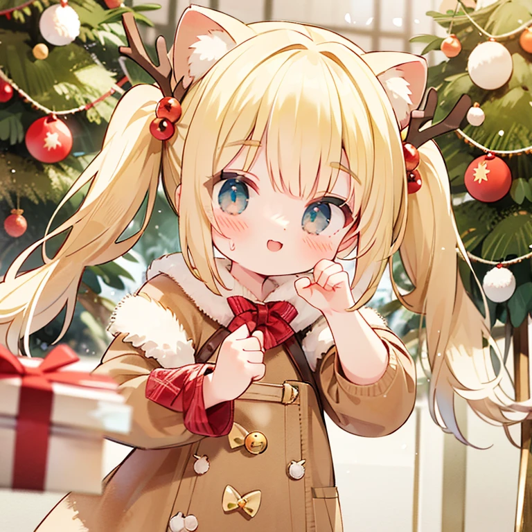 A clear-eyed girl with blonde pigtails is smiling in front of a Christmas tree on a snowy day, wearing Rudolph ears and a beige dress..